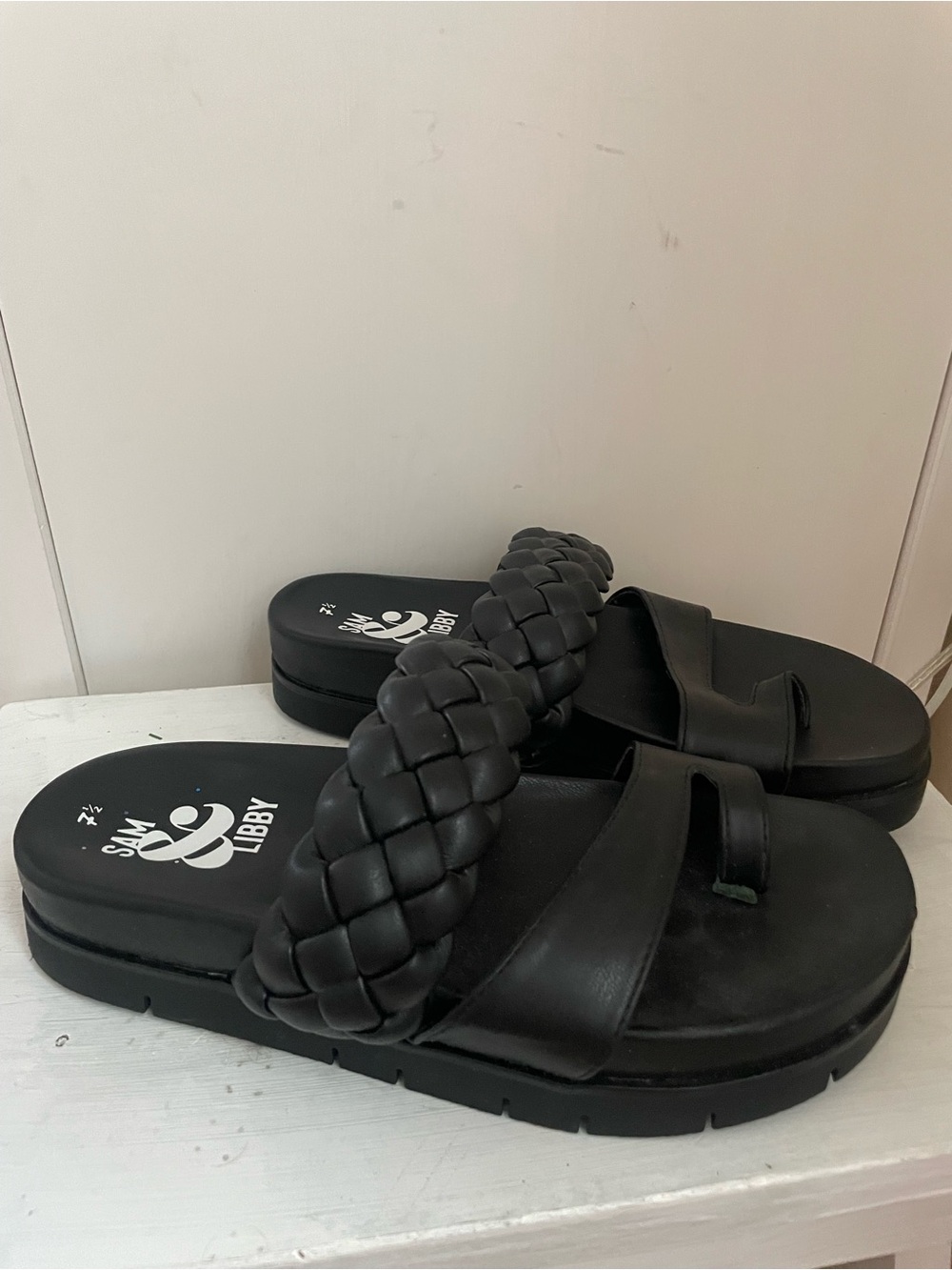 Sam & Libby Black Braided Double-Strap Slide Sandals 7.5